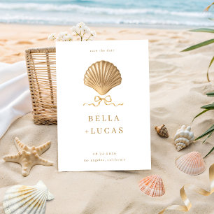Seashell With a Bow Gold Beach Destination Wedding Save The Date