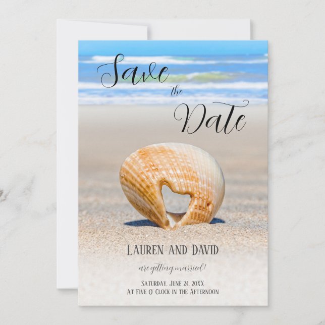 Seashell with a Heart on sand at the Beach, Save The Date (Front)