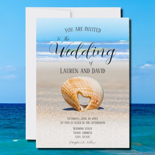 Seashell with Heart on sand at the Beach Wedding Invitation