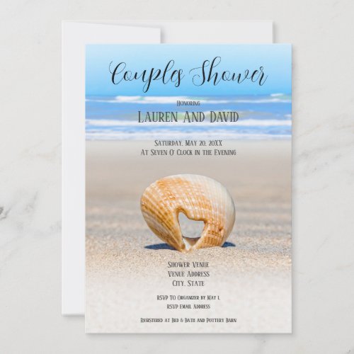 Seashell with Heart  sand at Beach Couple Shower Invitation