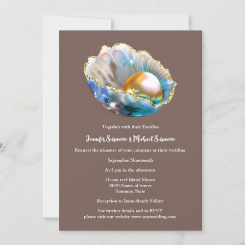 Seashell with pearl iridescent shimmer ocean beach invitation
