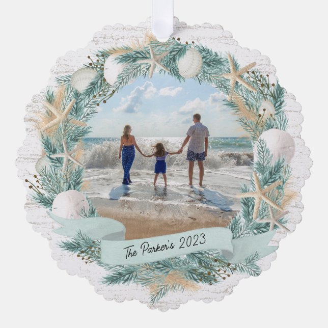 Seashell Wreath and Banner with Photo Ornament Card (Front)
