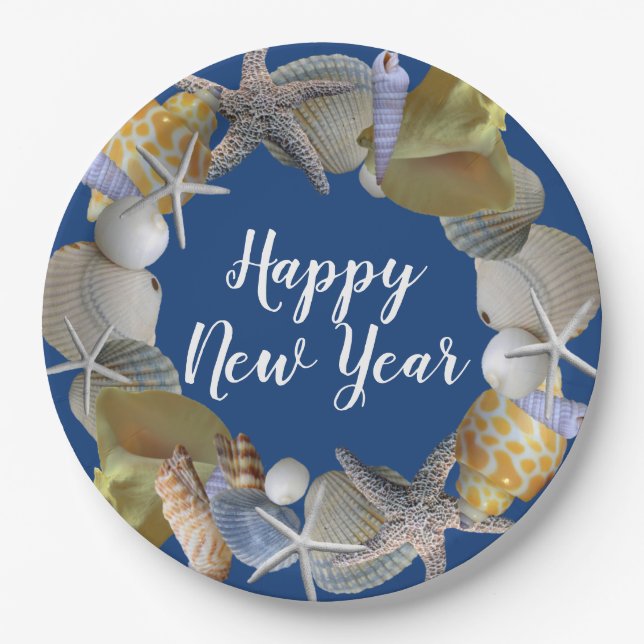 Seashell Wreath Beach Party New Year Paper Plates (Front)