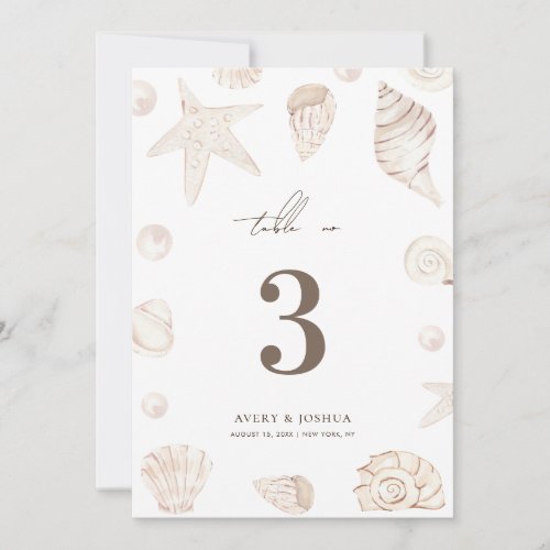 Seashells 5x7 Pearls Nautical Wedding Table Number