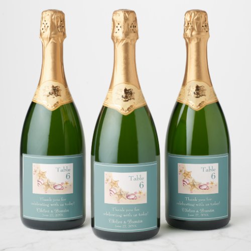 Seashells and Aqua Colored Accent Wedding Champagn Sparkling Wine Label