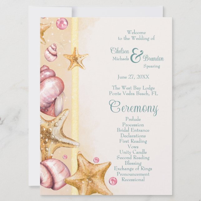 Seashells and Aqua Colored Accents Wedding Program (Front)