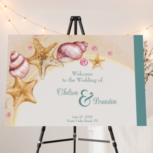 Seashells and Aqua Colored Accents Wedding Welcome Foam Board