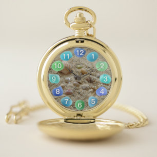 Seashells and Beach Sand with Sea Glass Pocket Watch