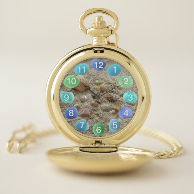 Seashells and Beach Sand with Sea Glass Pocket Watch | Zazzle