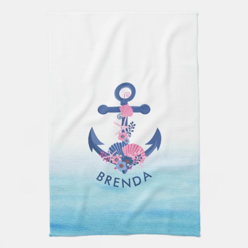 Seashells and corals nautical boat anchor kitchen towel