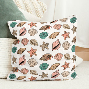 Seashells and Hermit Crab Cute Beach Throw Pillow