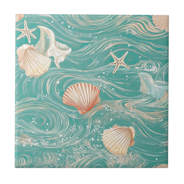 Seashells and Ocean Waves Pattern (10) Ceramic Tile (Front)