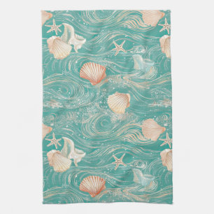 Seashells and Ocean Waves Pattern (10) Kitchen Towel