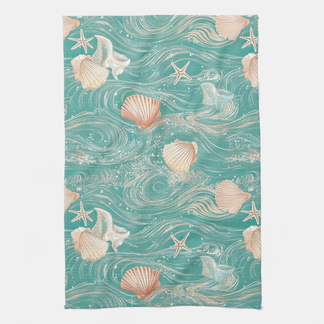 Seashells and Ocean Waves Pattern (10) Kitchen Towel (Vertical)