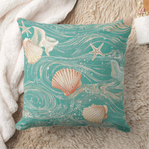 Seashells and Ocean Waves Pattern (10) Throw Pillow