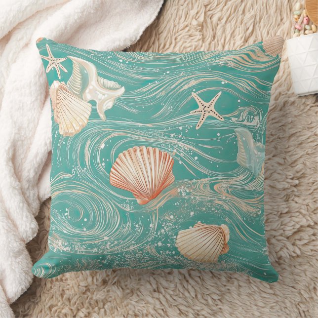 Seashells and Ocean Waves Pattern (10) Throw Pillow (Blanket)