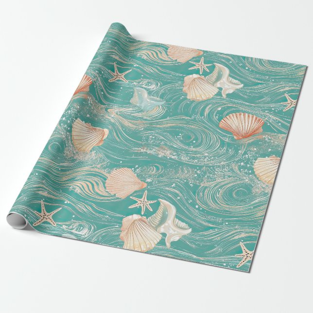 Seashells and Ocean Waves Pattern (10) Wrapping Paper (Unrolled)
