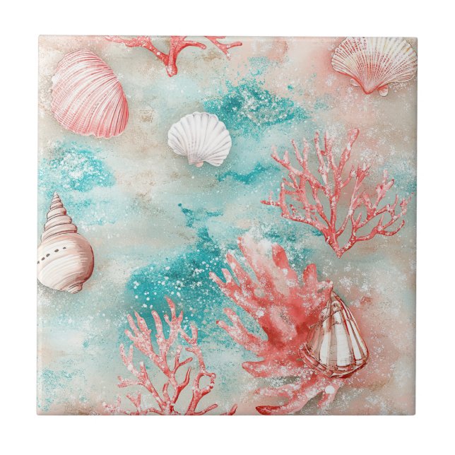 Seashells and Ocean Waves Pattern (11) Ceramic Tile (Front)