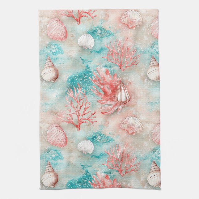Seashells and Ocean Waves Pattern (11) Kitchen Towel (Vertical)