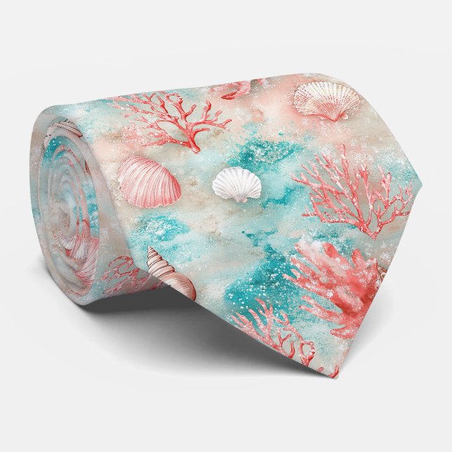 Seashells and Ocean Waves Pattern (11) Neck Tie (Rolled)