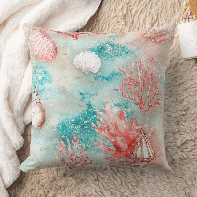 Seashells and Ocean Waves Pattern (11) Throw Pillow (Blanket)