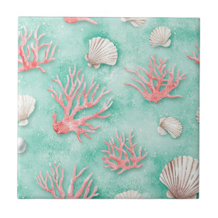 Seashells and Ocean Waves Pattern (12) Ceramic Tile