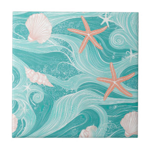 Seashells and Ocean Waves Pattern (13) Ceramic Tile