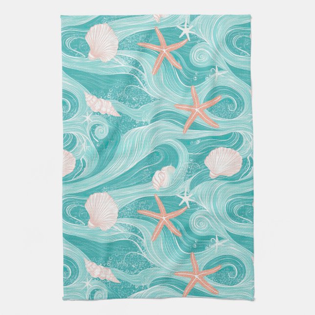 Seashells and Ocean Waves Pattern (13) Kitchen Towel (Vertical)