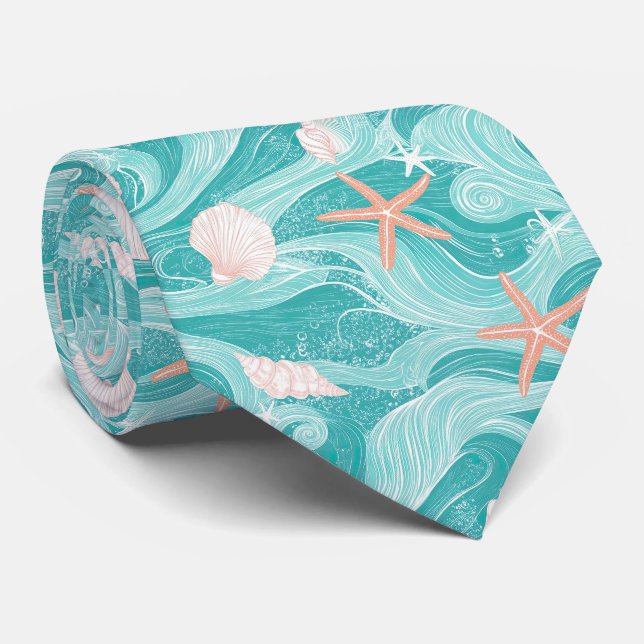 Seashells and Ocean Waves Pattern (13) Neck Tie (Rolled)