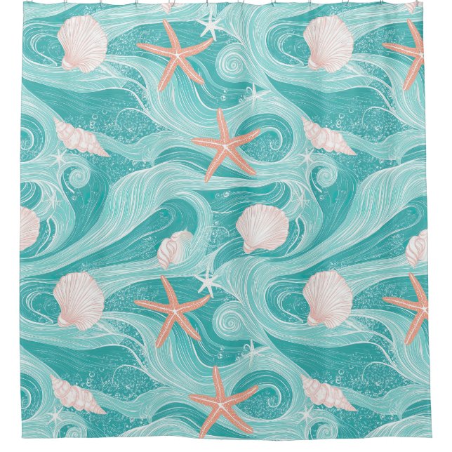 Seashells and Ocean Waves Pattern (13) Shower Curtain (Front)