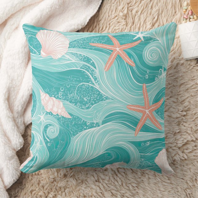 Seashells and Ocean Waves Pattern (13) Throw Pillow (Blanket)