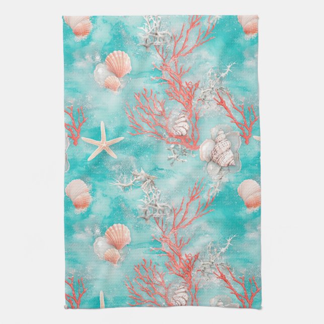 Seashells and Ocean Waves Pattern (15) Kitchen Towel (Vertical)