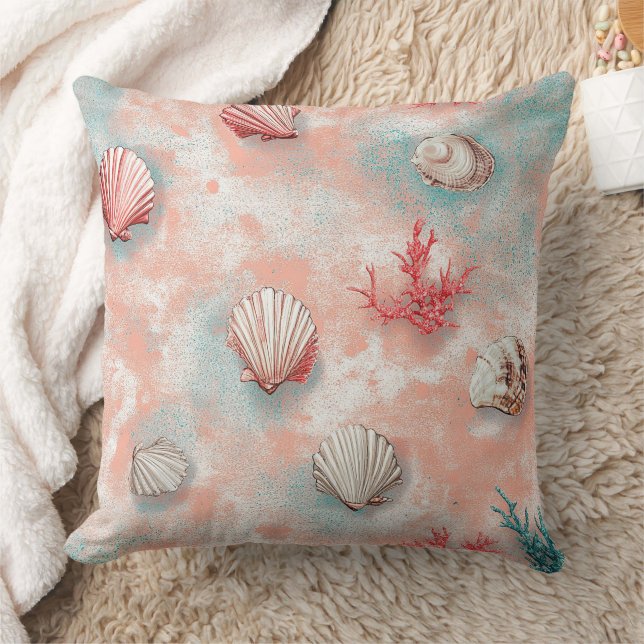 Seashells and Ocean Waves Pattern (16) Throw Pillow (Blanket)