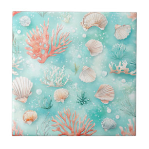 Seashells and Ocean Waves Pattern (2) Ceramic Tile
