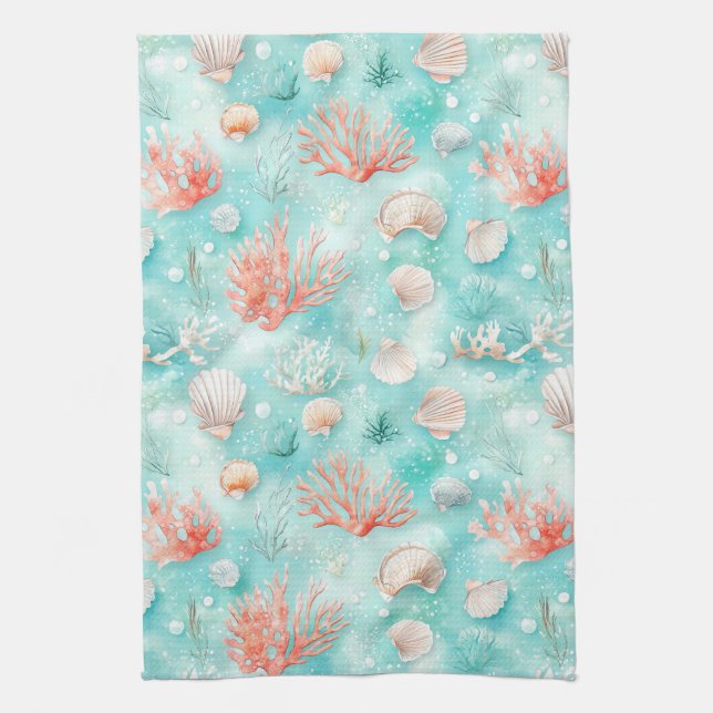 Seashells and Ocean Waves Pattern (2) Kitchen Towel (Vertical)