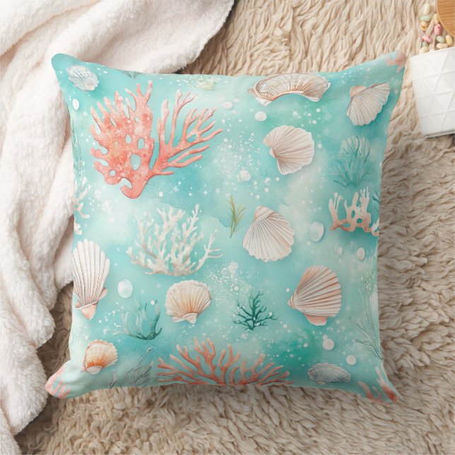 Seashells and Ocean Waves Pattern (2) Throw Pillow (Blanket)