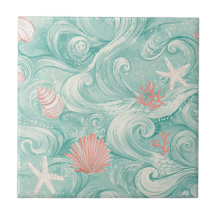 Seashells and Ocean Waves Pattern (3) Ceramic Tile