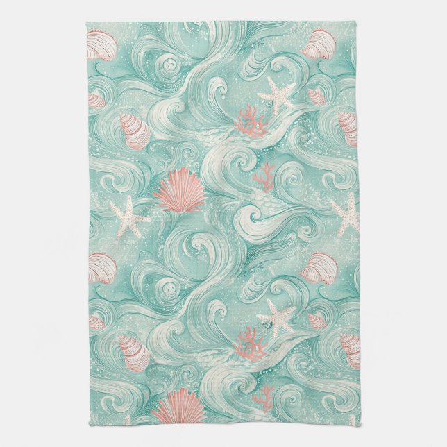 Seashells and Ocean Waves Pattern (3) Kitchen Towel (Vertical)