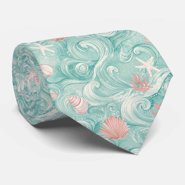 Seashells and Ocean Waves Pattern (3) Neck Tie (Rolled)