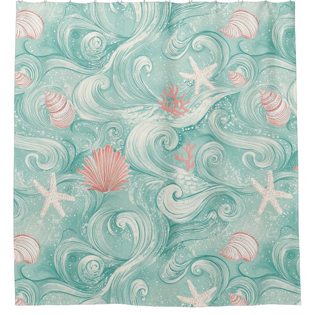 Seashells and Ocean Waves Pattern (3) Shower Curtain (Front)