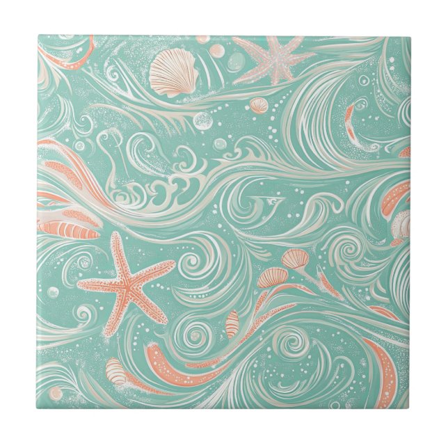 Seashells and Ocean Waves Pattern (4) Ceramic Tile (Front)