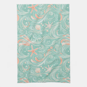 Seashells and Ocean Waves Pattern (4) Kitchen Towel
