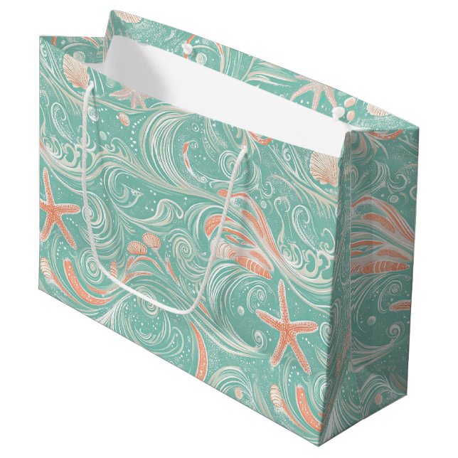 Seashells and Ocean Waves Pattern (4) Large Gift Bag (Front Angled)