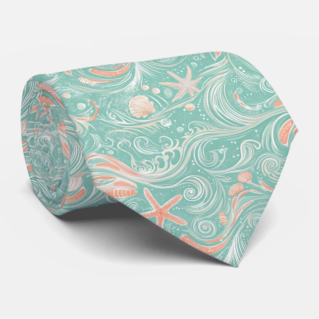 Seashells and Ocean Waves Pattern (4) Neck Tie (Rolled)