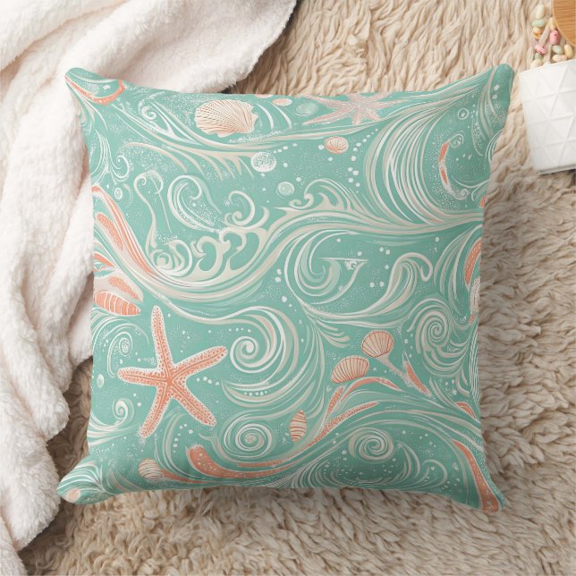 Seashells and Ocean Waves Pattern (4) Throw Pillow (Blanket)