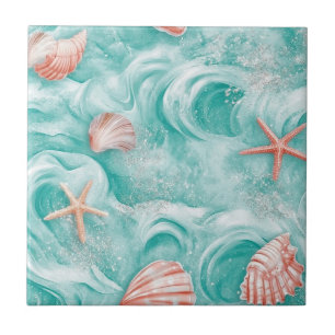 Seashells and Ocean Waves Pattern (5) Ceramic Tile