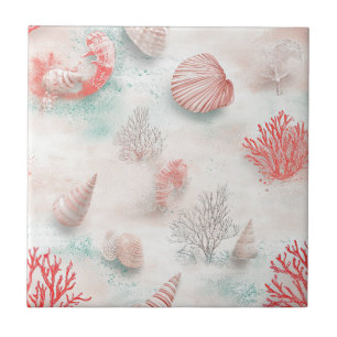 Seashells and Ocean Waves Pattern (7) Ceramic Tile