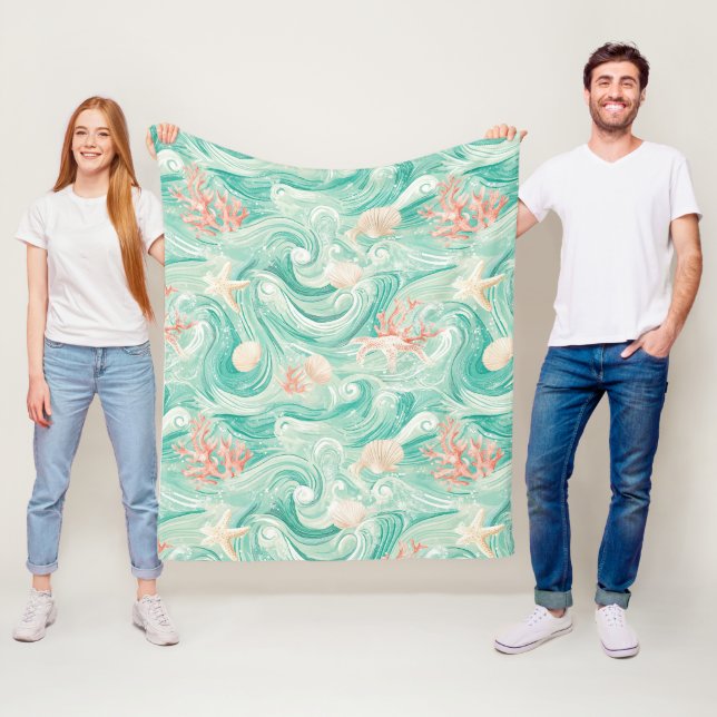 Seashells and Ocean Waves Pattern (8) Fleece Blanket (In Situ)