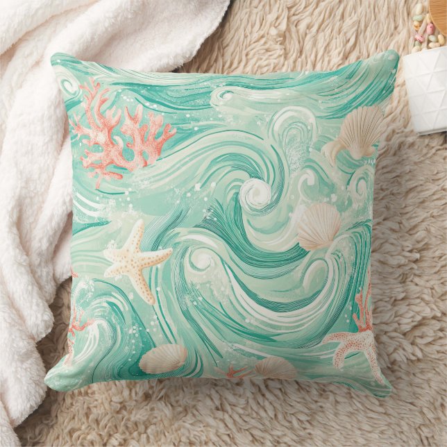 Seashells and Ocean Waves Pattern (8) Throw Pillow (Blanket)