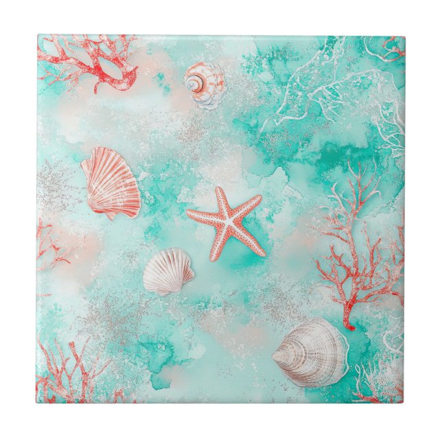Seashells and Ocean Waves Pattern (9) Ceramic Tile (Front)